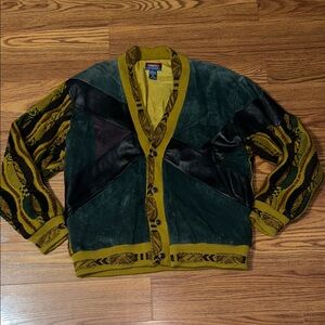 VTG Veneto Leather Abstract Sweater Cardigan Jacket Coogi Style - Men 1XT EUC